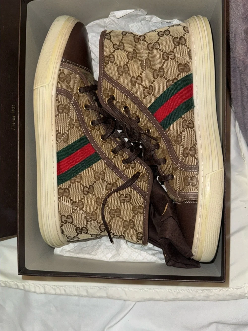 Gucci Brown GG Supreme High-Top Sneakers with Green & Red Web
